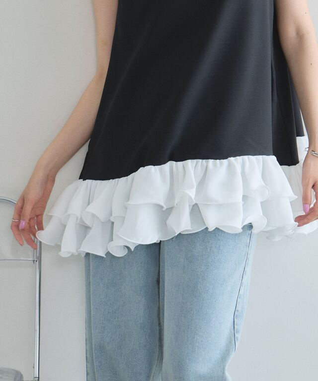 裾シフォンフリルドッキングトップス