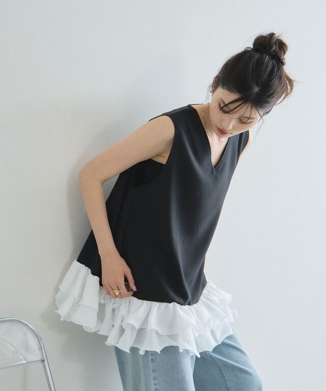 裾シフォンフリルドッキングトップス