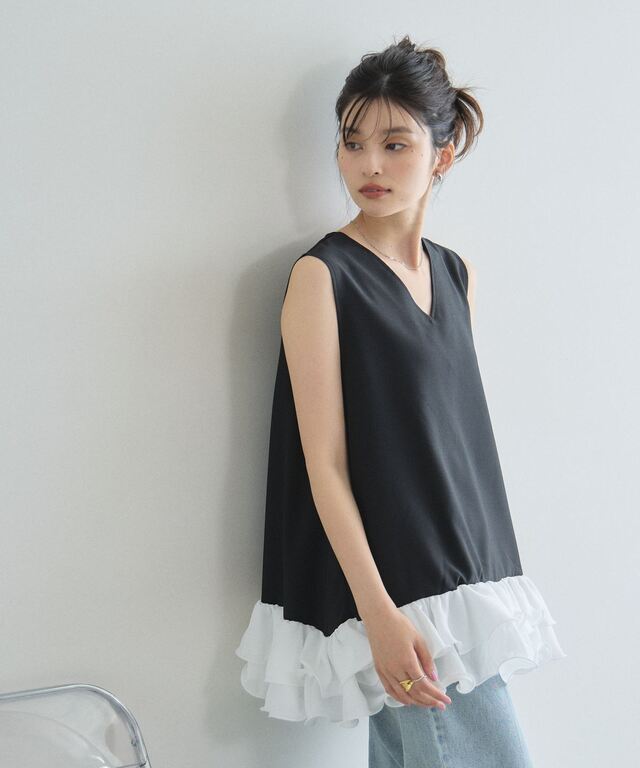 裾シフォンフリルドッキングトップス