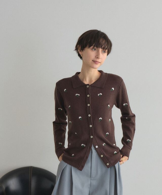 WEB限定】フラワー刺繍襟付きカーデ