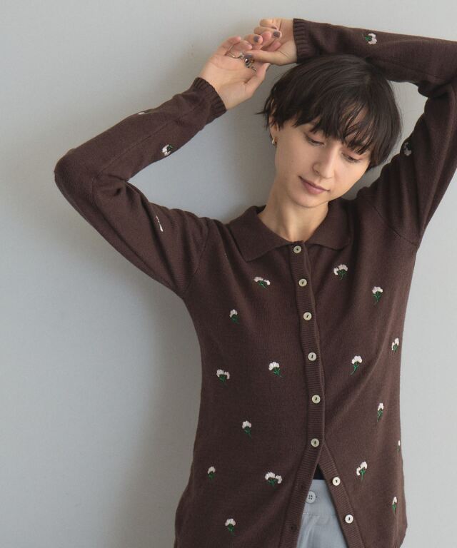 WEB限定】フラワー刺繍襟付きカーデ