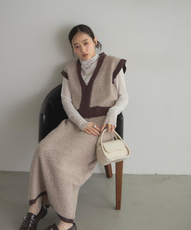 リュミエ　ミックスループヤーン　ニットミニ　ワンピース SET]ミックスループヤーンニットミニワンピース+袖ボタンボトルネック