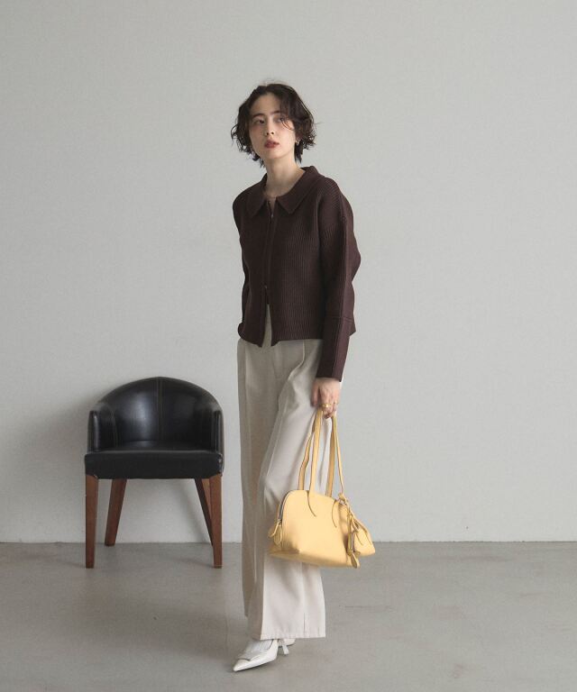 激渋 スペイン製 レザー ニット 切替 ブルゾン 茶色 中綿 STILL BY HAND - 【ラスト1点】【25AW】英国羊毛5Gニットジップ