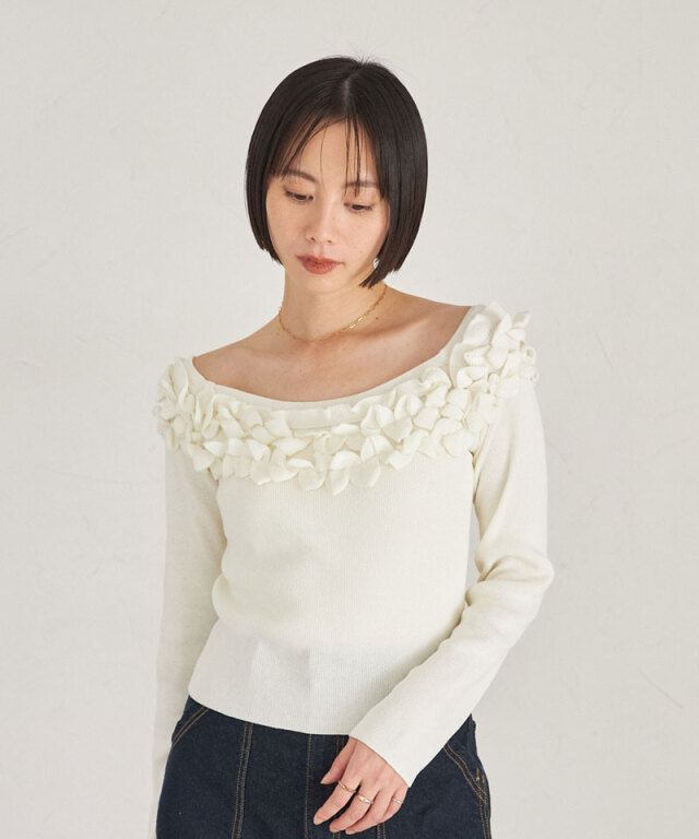 【ララ】 Off The Shoulder Pullover ARVELLIA】OFF SHOULDER FRILL KNIT