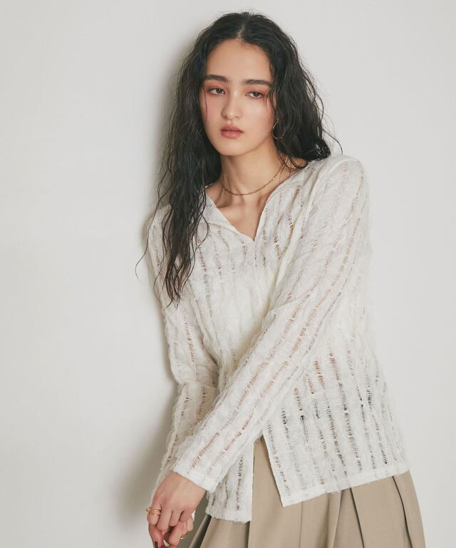 ARVELLIA】FEATHER SHEER KNIT TOP