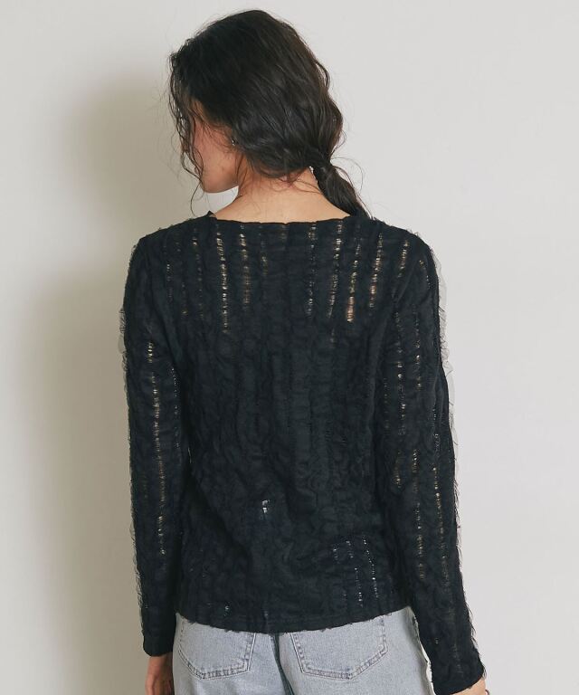 roughlow airy fringe sheer tops(ブラック) ARVELLIA】FEATHER SHEER KNIT TOP
