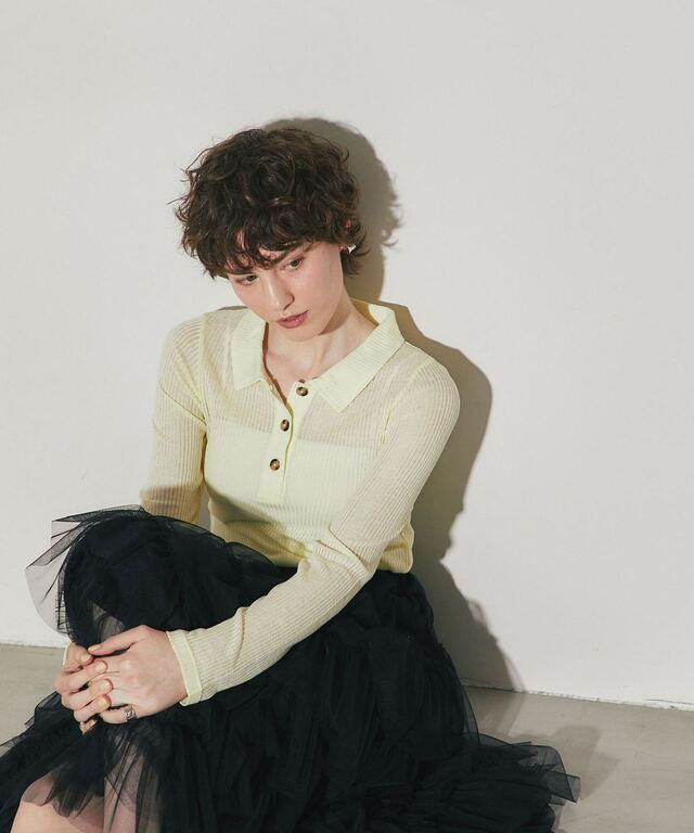 ARVELLIA】 SHEER RIB POLO TOP