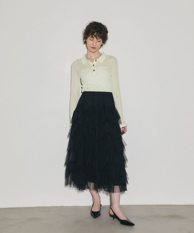 ARVELLIA】 SHEER RIB POLO TOP