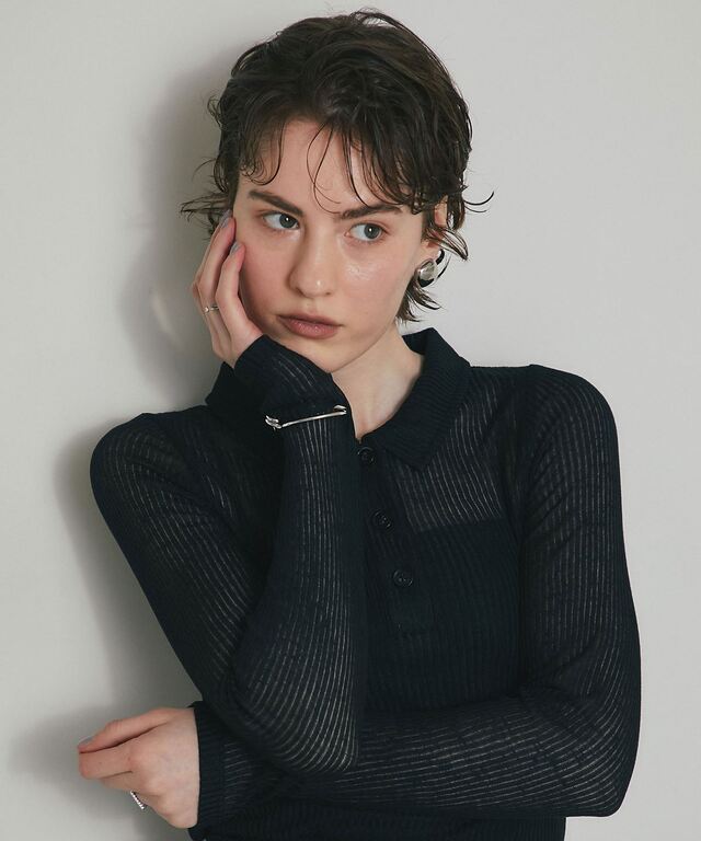 ARVELLIA】 SHEER RIB POLO TOP