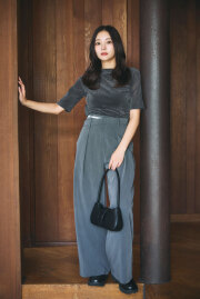 日本未入荷【Aakasha 前後ワイドタックパンツ リボンベルト】 antiqua タックワイドパンツ パンツ レディース ボトムス ロング