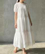 半袖コットンレース切替ワンピース