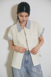 【SPRING SALE】衿ボーダー開襟シャツ＊SALE品につき返品/交換/注文確定後の変更キャンセル不可＊