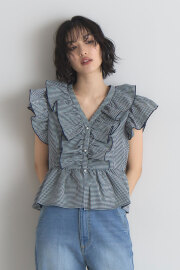 サッカーギンガムラッフルブラウス※一部店舗のみ入荷