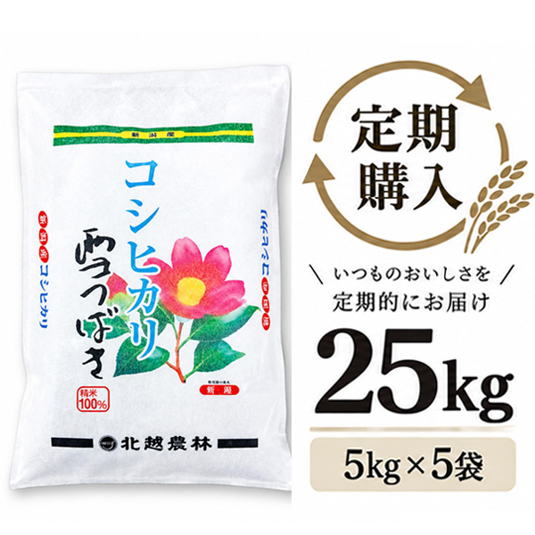 【定期購入】 新潟産コシヒカリ 雪つばき25kg（5kg×5袋）