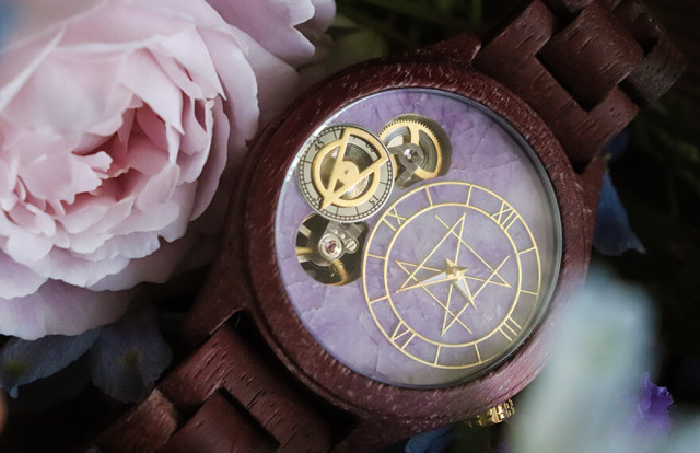 DOUBLE MOVEMENT MODEL ダブルムーブメントモデル／フローライト（紫） 45mm 紫花梨天然木バンド