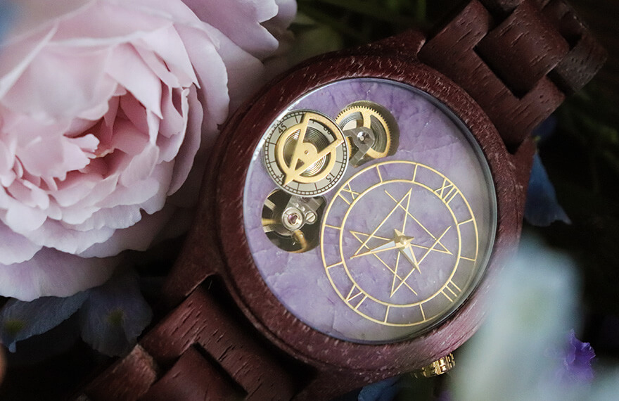 DOUBLE MOVEMENT MODEL ダブルムーブメントモデル／フローライト（紫） 45mm 紫花梨天然木バンド