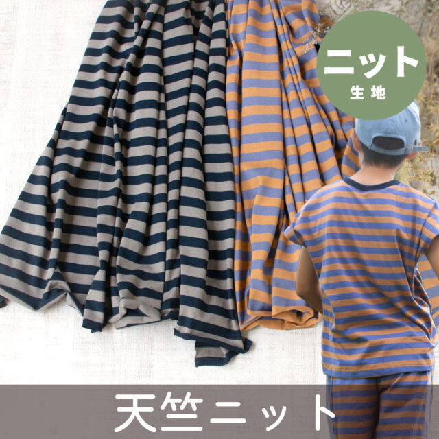 【ニット】ソフトな質感♪40/2中ピッチボーダー天竺（アッシュブルー/モカグレー）　オーダーカット