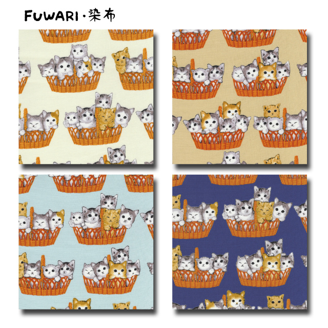 FUWARI・染布 シリーズ 1m単位切り売り オックス プリント Basket Cat 4色あります 生地 布 布地 ねこ ネコ 猫柄 キャット アニマル 動物 アニマル柄 かわいい オックス生地 オックスフォード