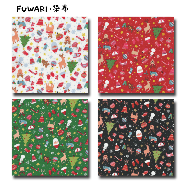 FUWARI・染布 シリーズ 1m単位切り売り スケアー プリント ゴールド クリスマス1 4色あります 生地 布 布地 スケア クリスマス柄生地 北欧 北欧風 金粉 金襴 星 星空 星柄 サンタ サンタクロース ツリー 鹿 雪だるま