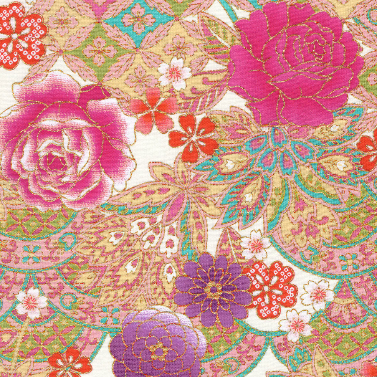 1m単位切り売り 和柄 和調プリント 金襴 金粉 菊と蝶 生地 布 布地 シーチング 花柄 シーチング生地 かっこいい 女の子 コットン 綿100 ハンドメイド 花柄生地 金らん 紋 菊