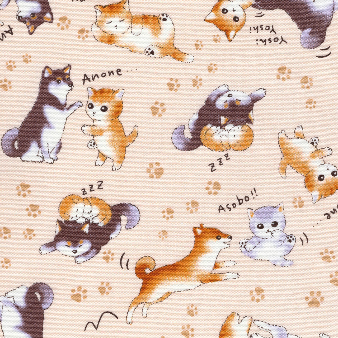 FUWARI・染布 シリーズ 1mカット済み商品 オックス プリント 猫と柴犬  生地 布 布地 猫柄 猫 柄 犬 柴犬 柄 動物 動物柄 アニマル柄生地 男の子 女の子 オックス生地 オックスフォード