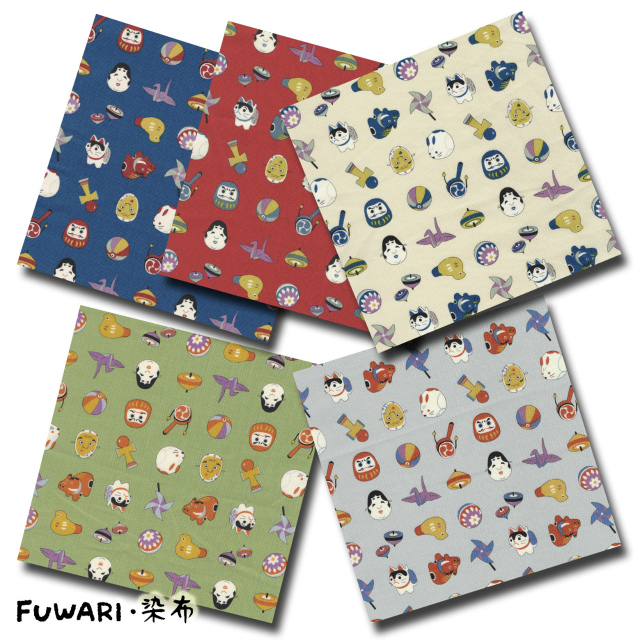 FUWARI・染布 シリーズ 1m単位切り売り 和柄 和調プリント 和のおもちゃ 5色あります 布 布地 生地 レトロ シーチング 柄 綿