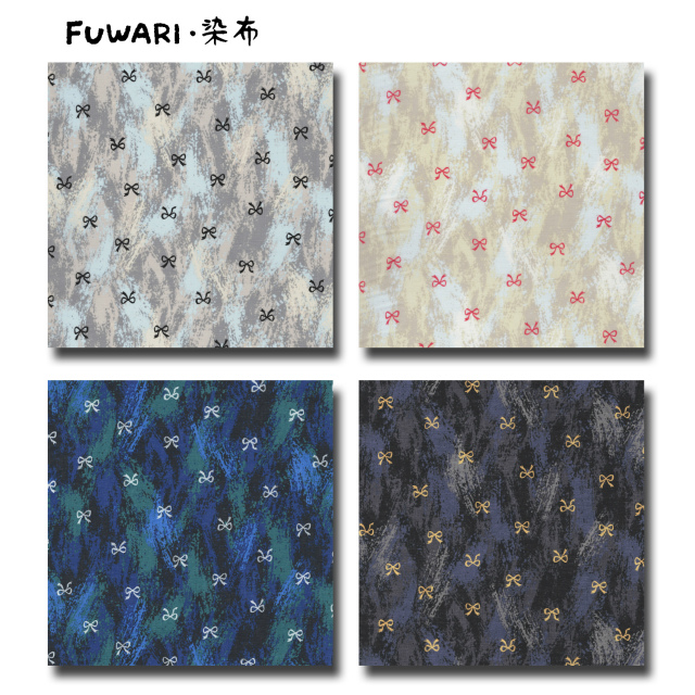 FUWARI・染布 シリーズ 1m単位切り売り スケアー プリント リボンボン 4色あります 生地 布 布地 スケア リボン リボン柄 リボン柄生地 手芸品 おしゃれ ラメ入り ゴールド
