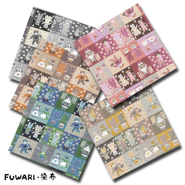 FUWARI・染布 シリーズ 1m単位切り売り オックス プリント パッチワーク調 キャット 5色あります 生地 布 布地 猫 猫柄 ねこ ねこ柄 ネコ ネコ柄 猫柄生地 sale 生地専門 レトロ 動物 動物柄 アニマル アニマル柄 北欧 北欧風