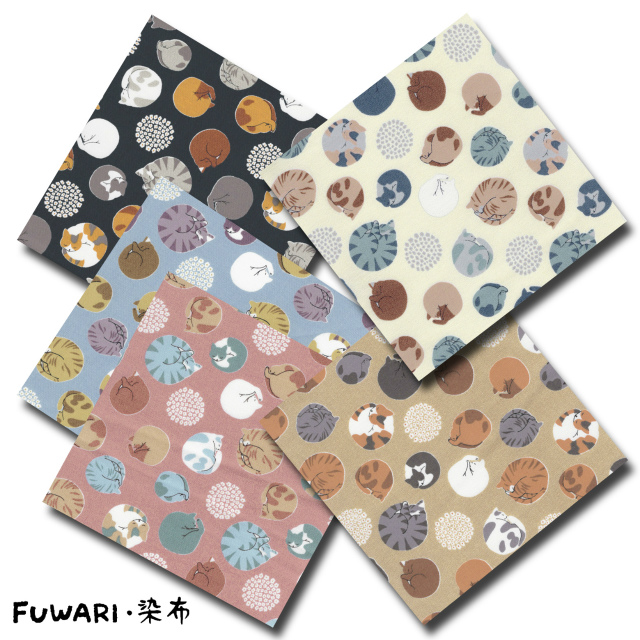 FUWARI・染布 シリーズ 1m単位切り売り オックス プリント くるくる猫とくるくるフラワー 5色あります 生地 布 布地 ねこ柄 ネコ ネコ柄 猫 猫柄 猫柄生地 猫柄生地オックス 水玉 模様 ドット ドット柄 サークル 花柄 コットン
