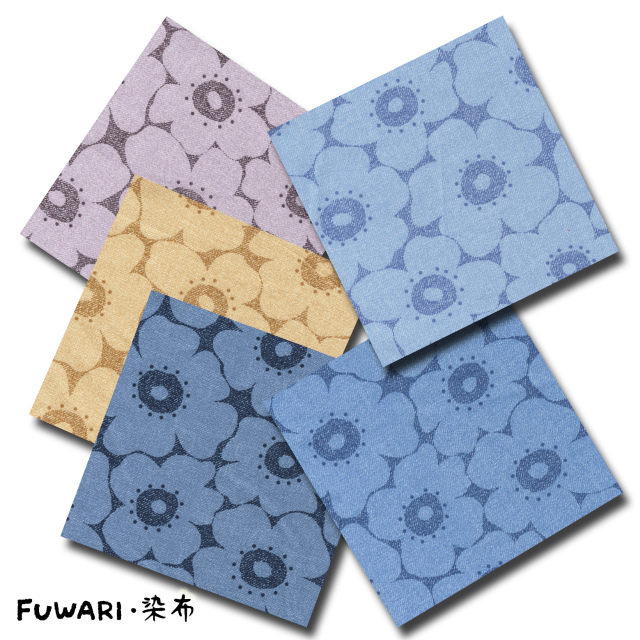 FUWARI・染布 シリーズ 1m単位切り売り オックス プリント デニム調 ノルディック フラワー 5色あります 生地 布 布地 デニム風 デニム 風 花 花柄 北欧 北欧柄 北欧柄生地 北欧風 北欧風生地 コットン モノトーン かわいい