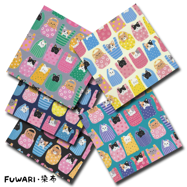 FUWARI・染布 シリーズ 1m単位切り売り オックス プリント ネコバッグ 5色あります 生地 布 布地 ねこ 猫柄 ネコの柄 ネコ柄 ハチワレ 猫 オックス生地 柄物 パッチ ワーク 服地 おしゃれ かわいい セール 柄 裏地 オックスプリント