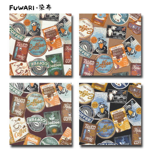 FUWARI・染布 シリーズ 1m単位切り売り オックス プリント Cafe Sign カフェ看板 4色あります 生地 布 布地 コーヒー 看板 レトロ コーヒーカップ 柄 英字 アルファベット カフェ カフェラテ 男の子 女の子 おしゃれ かわいい 可愛い