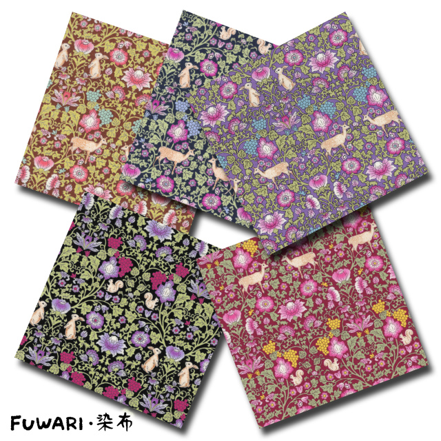 FUWARI・染布 シリーズ 1m単位切り売り スケアー プリント 動物の森 5色あります 生地 布 布地 スケア 北欧 北欧柄 北欧風 北欧調 レトロ 花 花柄 小花 柄 うさぎ うさぎ柄 うさぎ柄生地 ウサギ柄 鹿 植物 動物 動物柄 アニマル