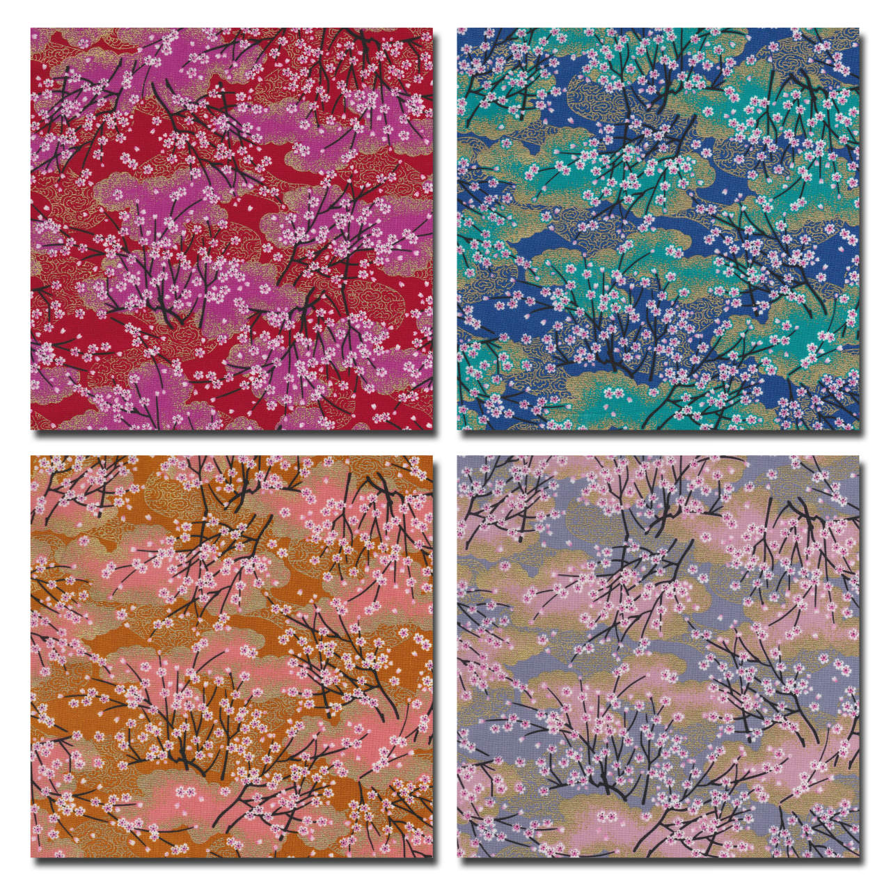 【和柄・和調プリント】金粉吉野桜満開 4色あります 1m単位で切り売りいたします