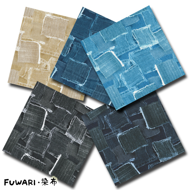 FUWARI・染布 シリーズ 1m単位切り売り オックス プリント デニム調 ソフトタッチ パッチワーク柄 5色あります 生地 布 布地 デニム柄 デニム風 おしゃれ かっこいい 柄 入園 オックス生地 セール オックスフォード生地