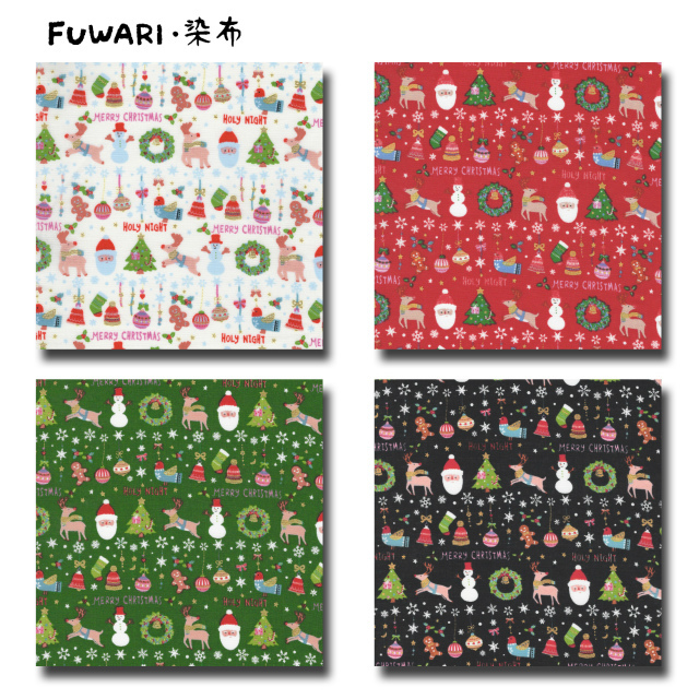 FUWARI・染布 シリーズ 1m単位切り売り スケアー プリント ゴールド クリスマス2 4色あります 生地 布 布地 スケア クリスマス柄生地 北欧 北欧風 サンタ サンタクロース ツリー 鹿 雪だるま 金粉 金襴 布地綿 生地通販 販売
