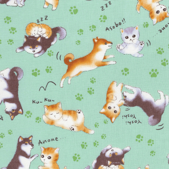 FUWARI・染布 シリーズ 1mカット済み商品 オックス プリント 猫と柴犬  