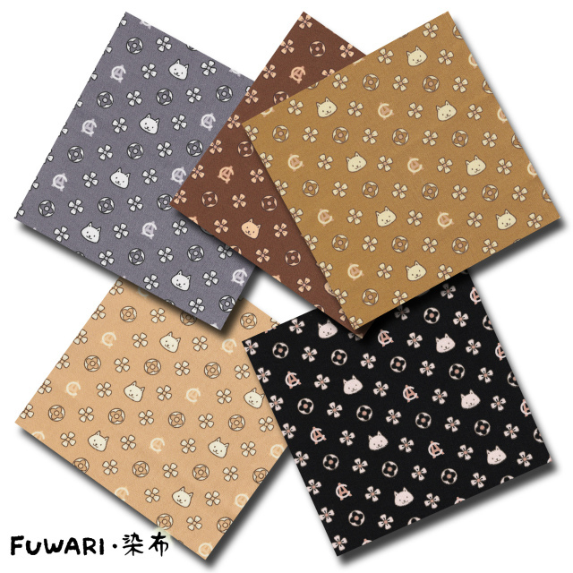 FUWARI・染布 シリーズ 1m単位切り売り オックス プリント ネコグラム2 5色あります 生地 布 布地 モノグラム ネコ柄 猫 猫柄 猫柄生地 猫柄生地オックス 動物 動物柄 アニマル柄 花 花柄 レトロ 布生地 男の子 女の子 セール