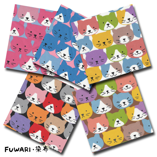 FUWARI・染布 シリーズ 1m単位切り売り オックス プリント 第2弾 キャット フェイス 5色あります 生地 布 布地 ハチワレ猫 ねこ 猫 猫柄 ネコ 動物 動物柄 レトロ アニマル 柄 アニマル柄 セール オックス生地 男の子 女の子