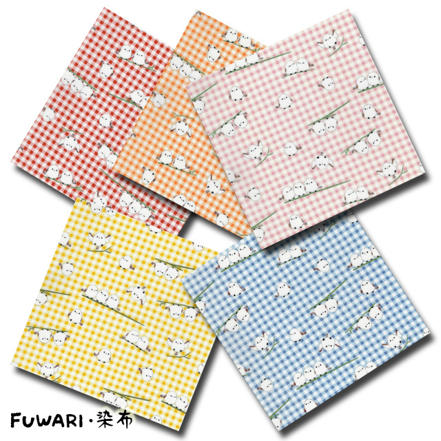 FUWARI・染布 シリーズ 1m単位切り売り スケアー プリント シマエナガ チェック 5色あります 生地 布 布地 スケア生地 シマエナガ 柄 鳥 鳥柄 綿 コットン チェック柄 格子 格子柄 細かい くすみ