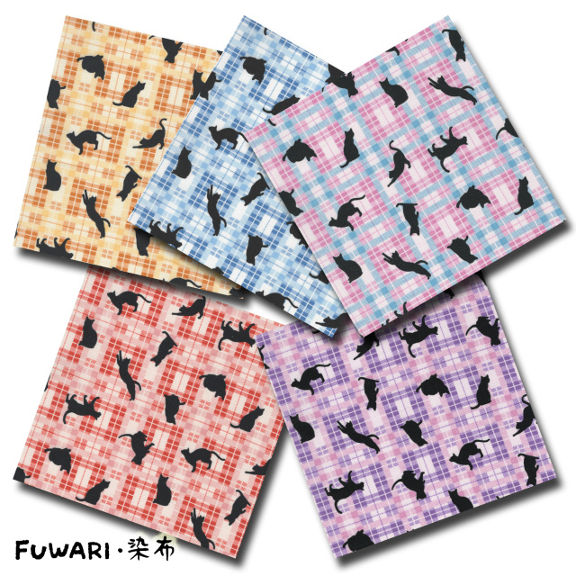 FUWARI・染布 シリーズ 1m単位切り売り スケアー プリント 黒猫 チェック 5色あります 生地 布 布地 スケア生地 猫 ねこ 猫柄 アニマル 柄 アニマル柄 動物 動物柄 セール レトロ 綿 コットン チェック柄 格子 格子柄