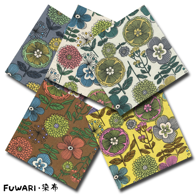 FUWARI・染布 シリーズ 1m単位切り売り 綿麻キャンバス プリント 北欧調 リネンフラワー 5色あります 生地 布 布地 北欧 北欧風 花 花柄 キャンバス 綿麻 リネン コットン コットンリネン セール 専門店 綿麻キャンバス柄