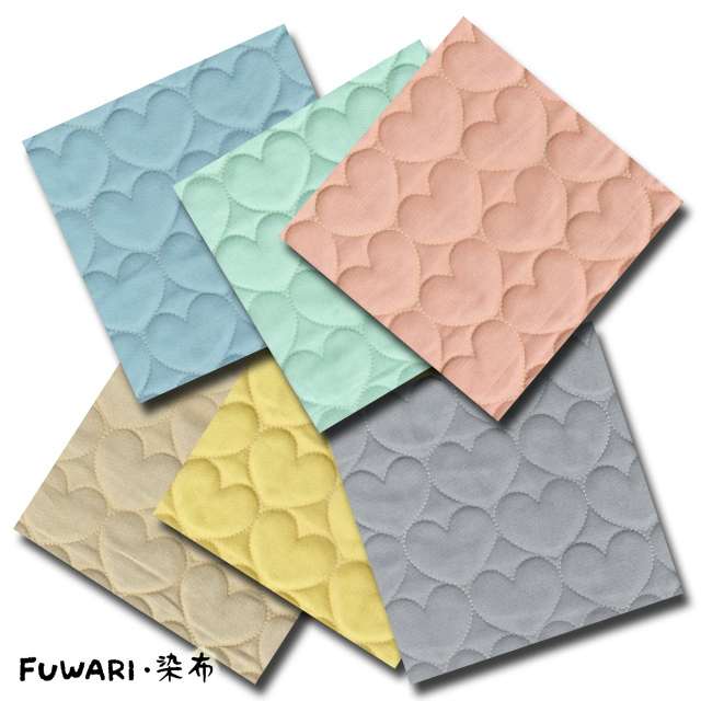 50cm単位切り売り 日本製 ハート柄キルティング 表地 裏地 綿100% FUWARI・染布オリジナル 6色あります 生地 布 布地 キルティング キルト キルト生地 ハート 柄 刺繍 ニュアンスカラー 入園 おしゃれ かわいい コットン