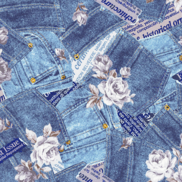 1m単位切り売り オックス プリント デニム風 バラ 生地 布 布地 デニム調 デニム柄 レトロ アメリカン ビンテージ ヴィンテージ 薔薇 薔薇柄 薔薇の柄 花 花柄 英字 英字柄 かわいい おしゃれ オックスフォード オックス生地 柄 布地通販