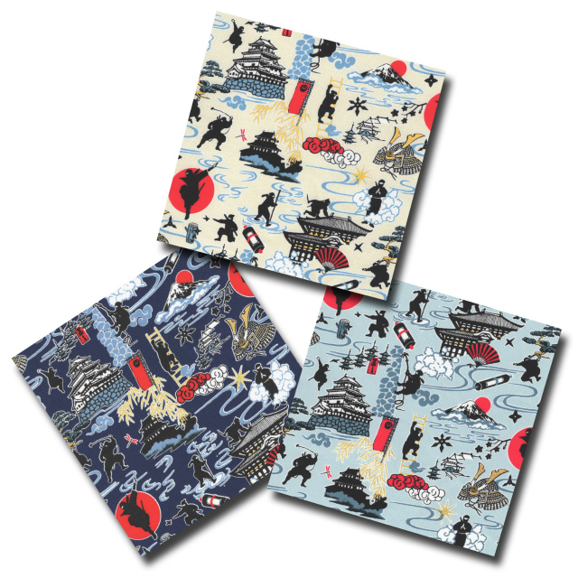 1m単位切り売り 和柄 和調プリント Ninja～忍者～ 3色あります 生地 布 布地 レトロ 綿 かっこいい シーチング生地 シーチング コットン 金粉 金襴 綿100