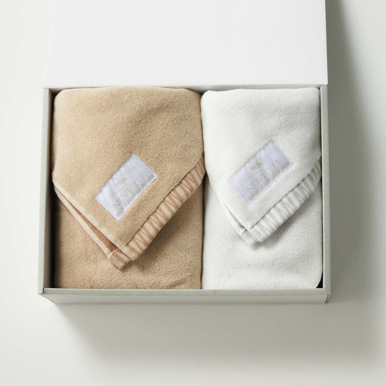 N-LINE バスタオル[ベージュ]/フェイスタオル[ホワイト] セット