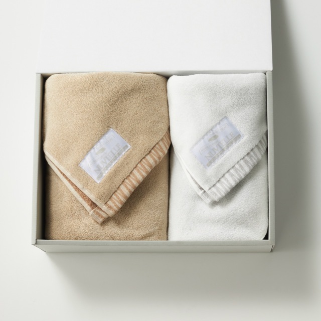 N-LINE バスタオル[ベージュ]/フェイスタオル[ホワイト] セット