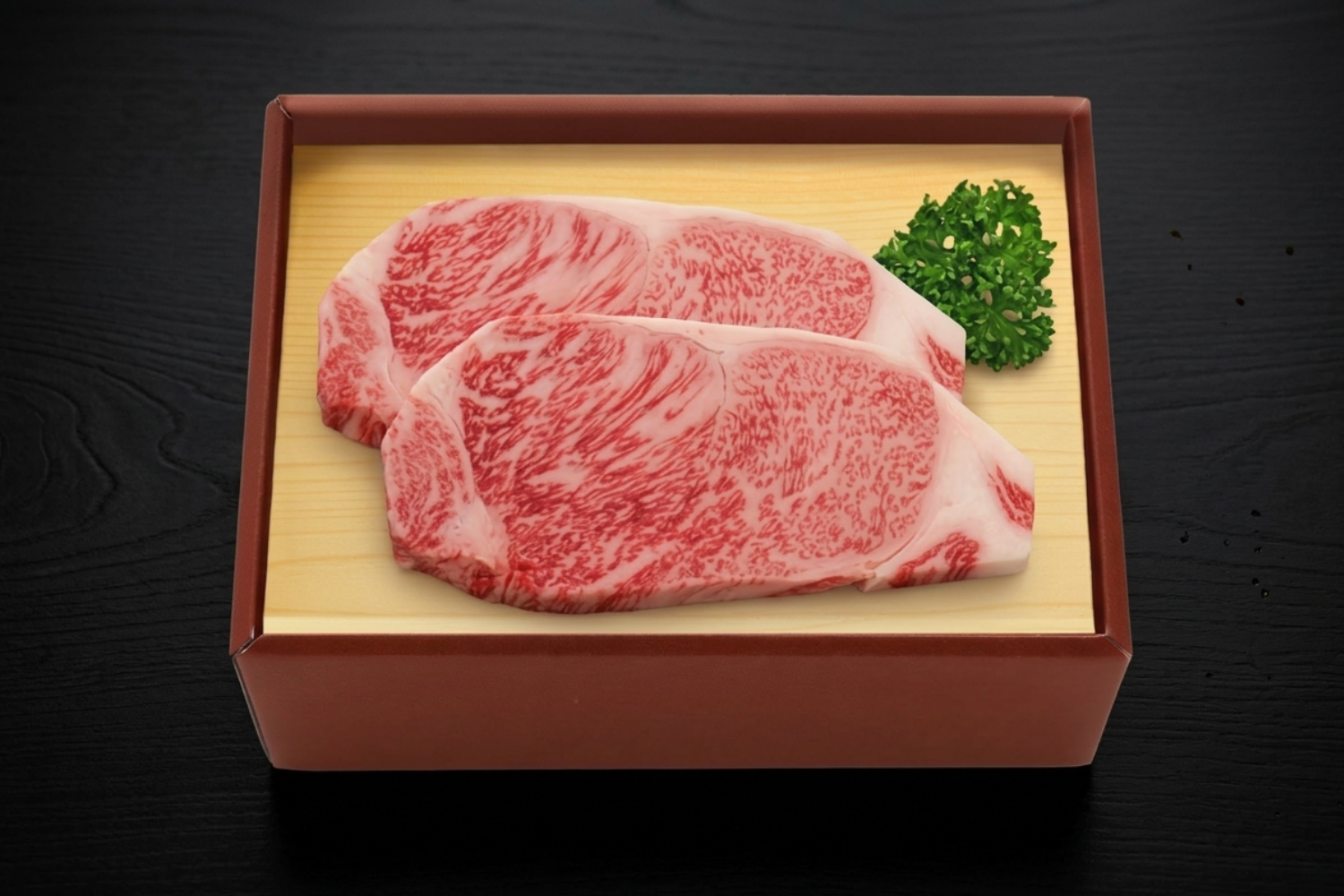 和牛である米沢牛の専門店、黄木のステーキ用精肉。ステーキ用特選サーロインが4枚入っている赤箱。