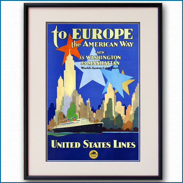 1932年 ユナイテッド・ステーツ・ライン 客船ワシントン・マンハッタンのポスター 2387LL黒
