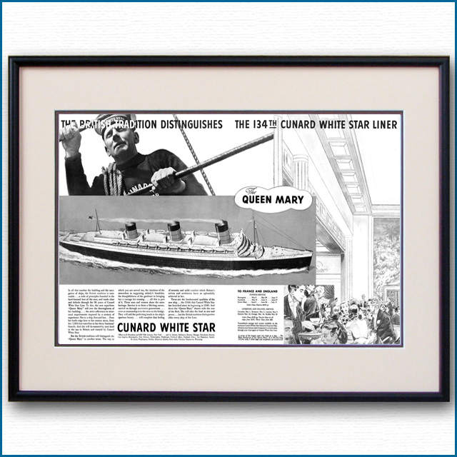 1936年 客船クイーンメリー・就役見開き雑誌広告 3153LL黒